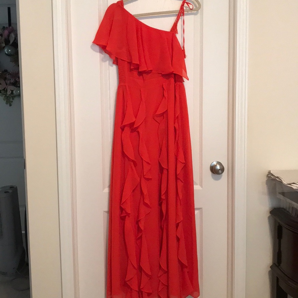 One shoulder chiffon ruffle maxi dress orange